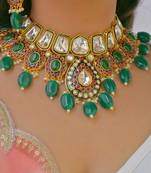 Emerald green kundan choker - handcrafted indian wedding necklace with crystal stones and pearl drops (gold-plated)