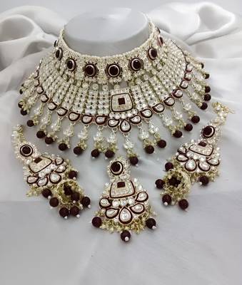 Elegant pearl choker Necklace :: set with kundan work and matching earrings - bridal wedding collection 1