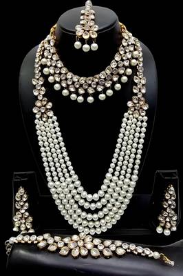 Kundan pearl bridal jewelry set-traditional gold-plated indian wedding necklace set with earrings, maangtikka & bracelet 2