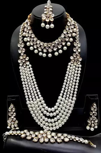 Kundan pearl bridal jewelry set-traditional gold-plated indian wedding necklace set with earrings, maangtikka & bracelet