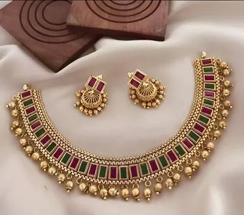 Traditional gold-plated kundan choker necklace with multi stones & beads – ethnic indian jewelry set 1