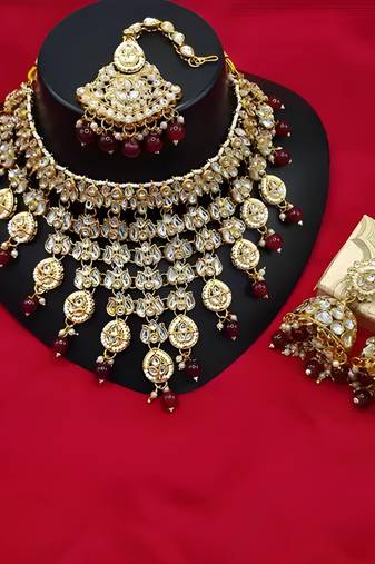 Kundan choker necklace set with maang tikka & jhumka earrings - traditional indian bridal jewelry collection gold-plated