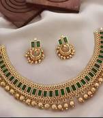 Traditional gold-plated kundan choker necklace with green stones & beads     ethnic indian jewelry set