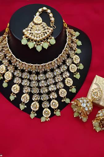 Kundan choker necklace set with maang tikka & jhumka earrings - traditional indian bridal jewelry collection gold-plated