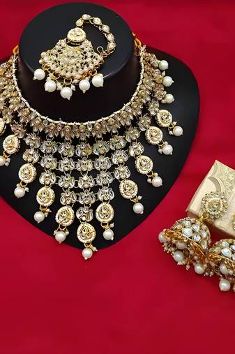 Kundan choker necklace set with maang tikka & jhumka earrings - traditional indian bridal jewelry collection gold-plated