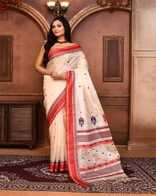 Off white tussar silk jamdani saree with blouse piece 1