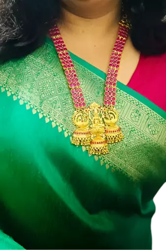 Temple gold lakshmi necklace with red stone - traditional indian handcrafted jewelry for wedding, festival & occasions