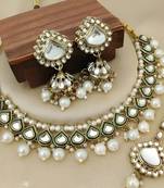 Vintage kundan pearl necklace set with green meenakari-traditional gold-plated indian jewelry with earrings & maangtikka