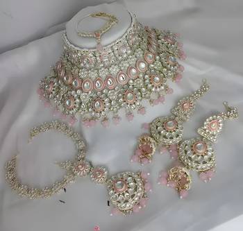 Luxurious rose quartz kundan bridal set - complete semi wedding jewelry collection with pearl embellishments 1
