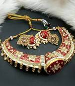 Luxurious red kundan choker necklace set - traditional indian handcrafted gold-plated jewelry with earrings