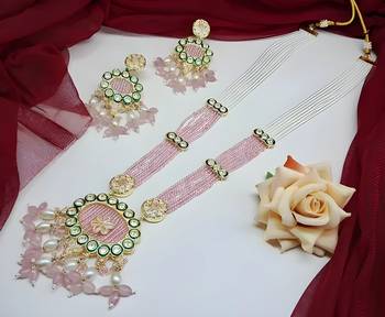 Handcrafted kundan meenakari polki rose quartz statement Necklace :: set - ethnic bridal elegance 1