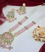 Handcrafted kundan meenakari polki rose quartz statement necklace set - ethnic bridal elegance