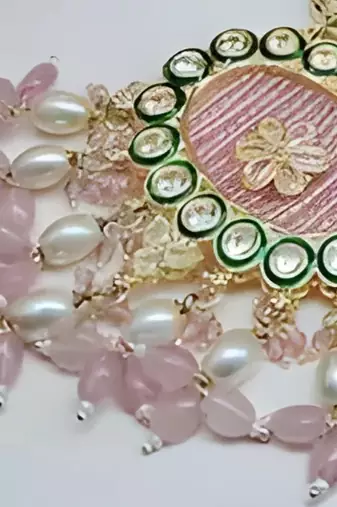 Handcrafted kundan meenakari polki rose quartz statement Necklace :: set - ethnic bridal elegance