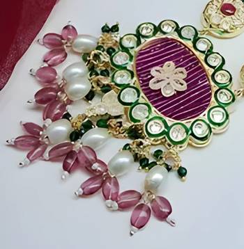 Handcrafted kundan meenakari polki emerald & rose quartz statement Necklace :: set - ethnic bridal elegance 2