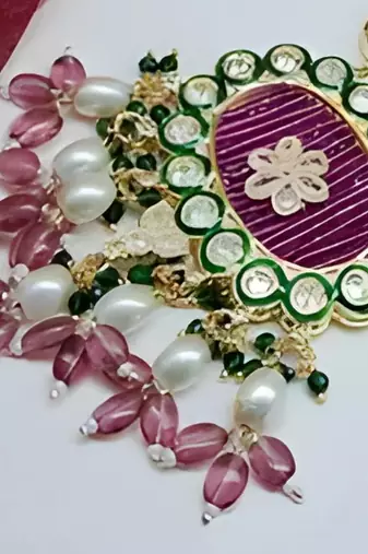 Handcrafted kundan meenakari polki emerald & rose quartz statement Necklace :: set - ethnic bridal elegance