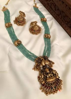Luxurious emerald green temple goddess kundan jewelry set - handcrafted gold-plated bridal necklace with jhumka earrings 1