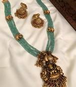 Luxurious emerald green temple goddess kundan jewelry set - handcrafted gold-plated bridal necklace with jhumka earrings
