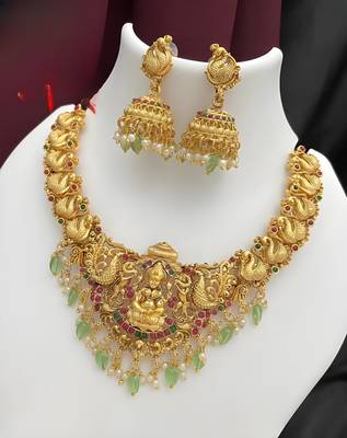 Opulent gold peacock lakshmi temple necklace set - handcrafted antique finish bridal jewelry with emerald & pearl accent 1