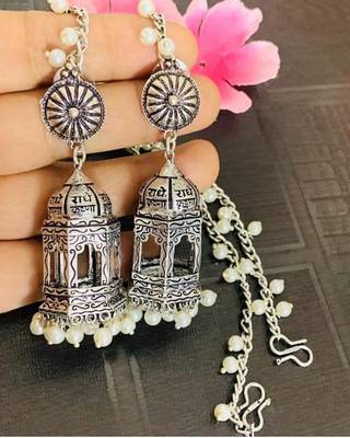 Handcrafted silver oxidized temple jhumka earrings with pearl drops - traditional indian wedding jewelry 1