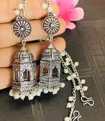 Handcrafted silver oxidized temple jhumka earrings with pearl drops - traditional indian wedding jewelry