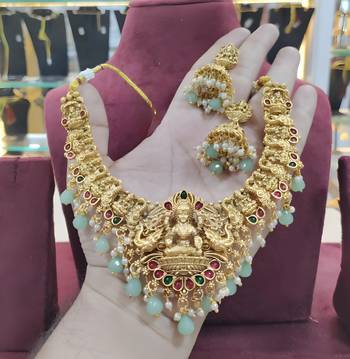 Opulent gold peacock lakshmi temple necklace set - handcrafted antique finish bridal jewelry with emerald & pearl accent 2