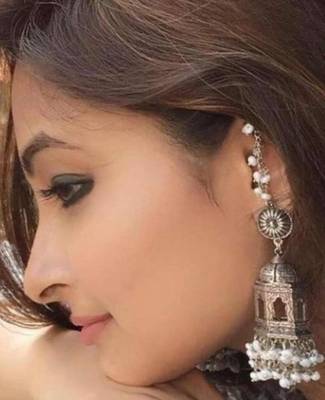 Handcrafted silver oxidized temple jhumka earrings with pearl drops - traditional indian wedding jewelry 3