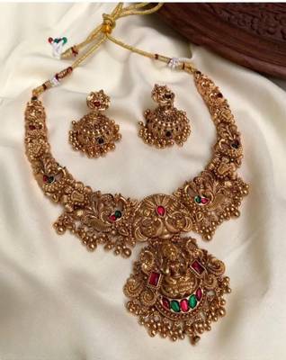 Gold lakshmi temple Necklace :: set - bridal jewelry with ruby and emerald accents 1