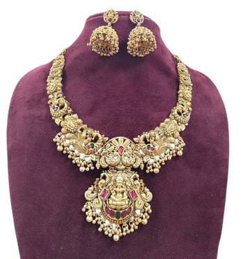Gold lakshmi temple Necklace :: set - bridal jewelry with ruby and emerald accents 2