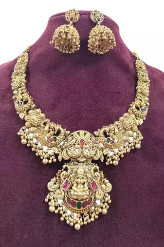 Gold lakshmi temple Necklace :: set - bridal jewelry with ruby and emerald accents