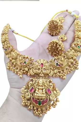 Gold lakshmi temple Necklace :: set - bridal jewelry with ruby and emerald accents