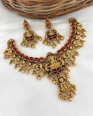 Opulent lotus lakshmi temple Necklace :: set - antique gold kundan bridal jewelry with ruby and emerald accents 1
