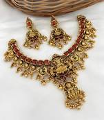 Opulent lotus lakshmi temple necklace set - antique gold kundan bridal jewelry with ruby and emerald accents