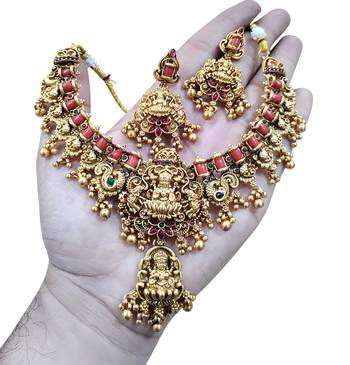 Opulent lotus lakshmi temple Necklace :: set - antique gold kundan bridal jewelry with ruby and emerald accents 2