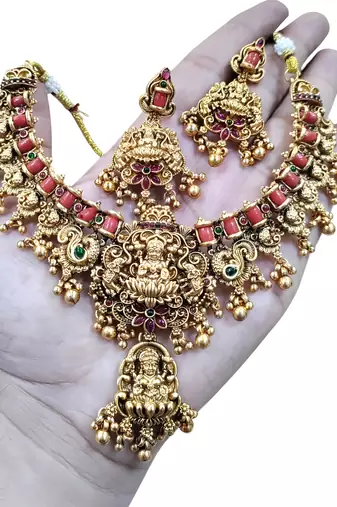 Opulent lotus lakshmi temple Necklace :: set - antique gold kundan bridal jewelry with ruby and emerald accents