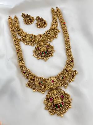 Majestic two-tier lakshmi temple Necklace :: set - antique gold bridal jewelry with multi-stone accents 1