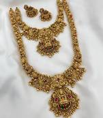 Majestic two-tier lakshmi temple necklace set - antique gold bridal jewelry with multi-stone accents