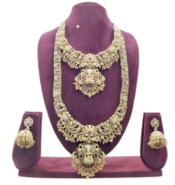 Majestic two-tier lakshmi temple Necklace :: set - antique gold bridal jewelry with multi-stone accents 2