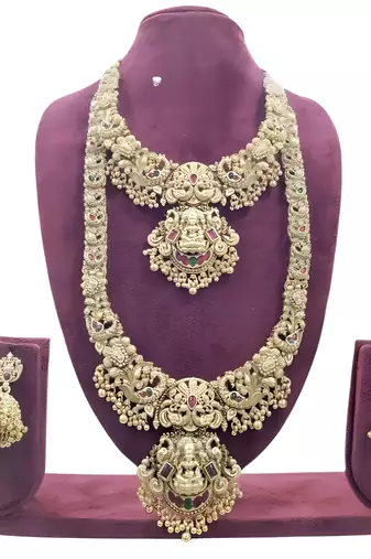 Majestic two-tier lakshmi temple Necklace :: set - antique gold bridal jewelry with multi-stone accents