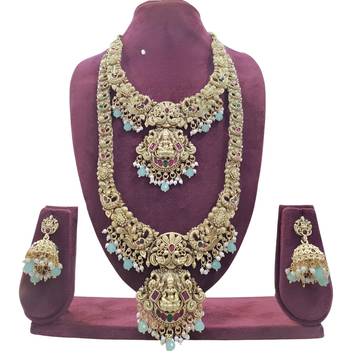 Elegant antique gold temple jewelry Necklace :: set - carved lakshmi design perfect for wedding & festive occasions 2