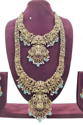 Elegant antique gold temple jewelry Necklace :: set - carved lakshmi design perfect for wedding & festive occasions