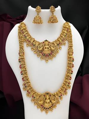 Premium goddess lakshmi temple jewelry long necklace set- antique gold bridal haaram with multi-colored gemstone accents 1
