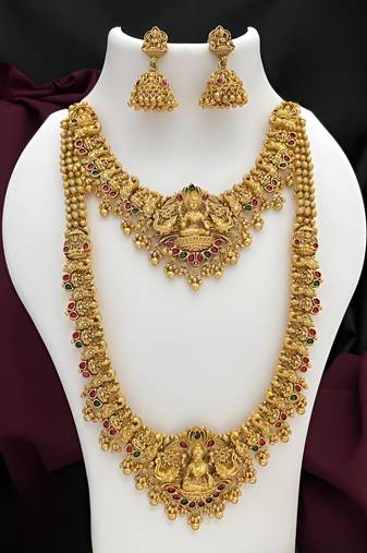 Premium goddess lakshmi temple jewelry long necklace set- antique gold bridal haaram with multi-colored gemstone accents