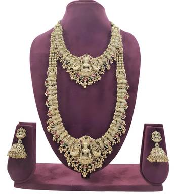 Premium goddess lakshmi temple jewelry long necklace set- antique gold bridal haaram with multi-colored gemstone accents 2