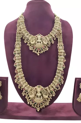 Premium goddess lakshmi temple jewelry long necklace set- antique gold bridal haaram with multi-colored gemstone accents