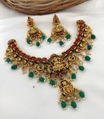 Luxurious lakshmi goddess temple jewelry necklace set - antique gold with emerald green and ruby red gemstones
