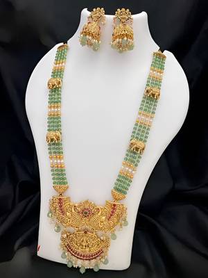 Temple design gold-plated beaded Necklace :: & earring set with green gemstones - traditional handcrafted ethnic jewelry 1