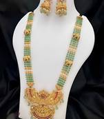 Temple design gold-plated beaded necklace & earring set with green gemstones - traditional handcrafted ethnic jewelry
