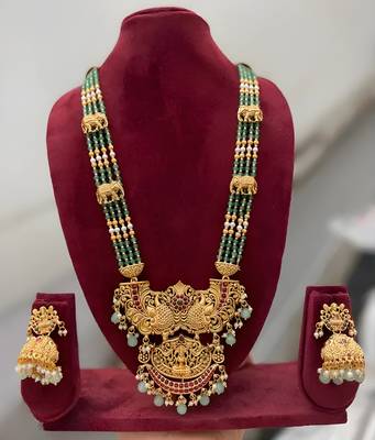 Temple design gold-plated beaded Necklace :: & earring set with green gemstones - traditional handcrafted ethnic jewelry 2