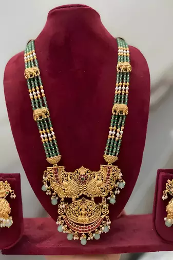 Temple design gold-plated beaded Necklace :: & earring set with green gemstones - traditional handcrafted ethnic jewelry