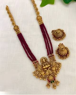 Antique-finish goddess ruby beaded Necklace :: & stud earring set - traditional kemp stone temple jewelry 1